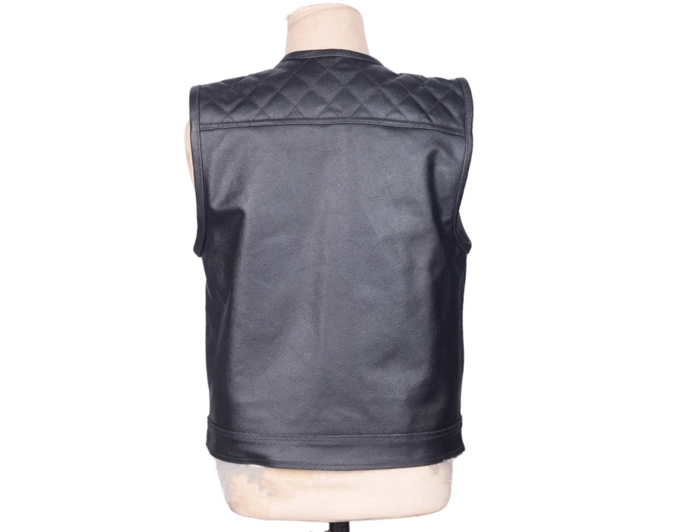 Men Classic Black Motorcycle Biker Style Genuine Real Leather waistcoat Vest - Image 2 of 4