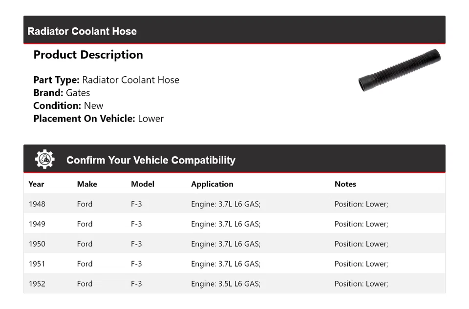 For 1948-1952 Ford F-3 Radiator Coolant Hose Lower Gates 1949 1950 1951 - Image 2 of 4