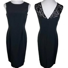 Kathy Che Lace V-Back Detail Sheath Midi Dress Women's 8 Black Sleeveless Lined