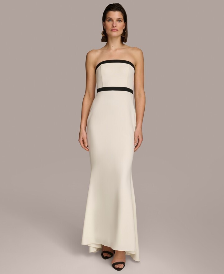 Donna Karan Women's Contrast-Trim Strapless Gown - Ivory/Black size 14 Long  NEW