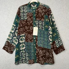 Citron Santa Monica Blouse Womens L 100% Silk Green Brown Mixed Floral NWT