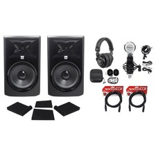  2 JBL 308P MkII 8" Powered Studio Monitors Speakers Pads Cables Headphones Mic