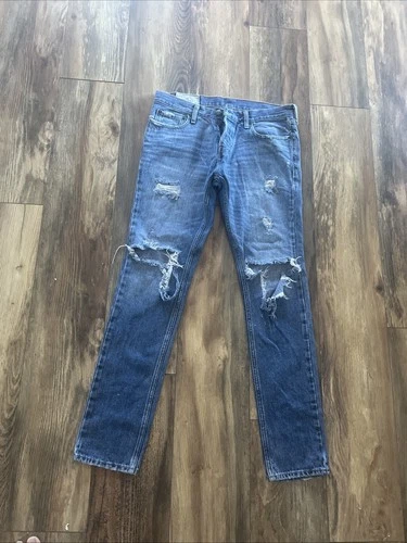 Hollister Jeans Men 32X32 Blue Slim Straight Distressed Rip Dark Blue Wash
