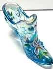 Fenton Blue Iridescent Art Glass Slipper Shoe Hand Painted Iris Flower Floral
