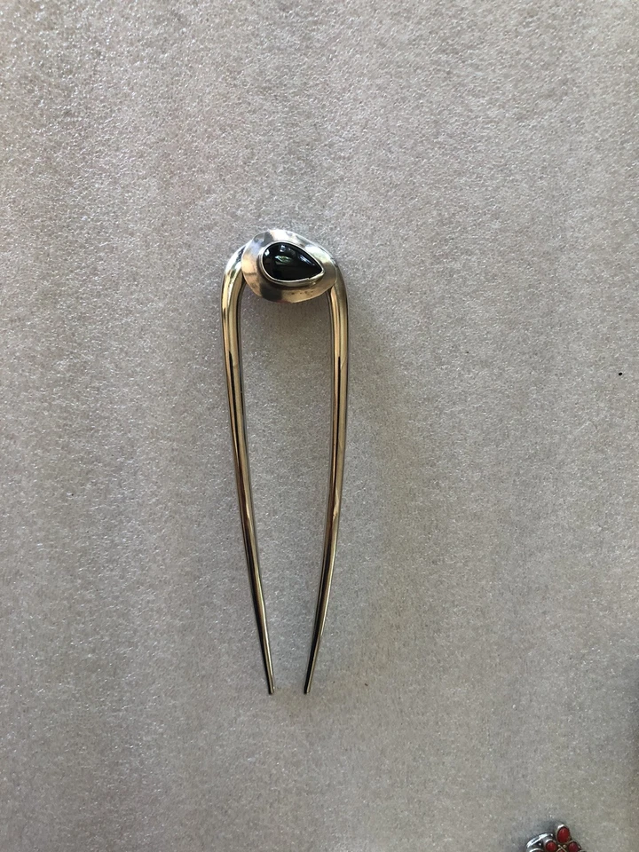 Vintage Jewelry 925 Silver Black Onyx on a 5” Kit-sch U-Pin Hairpin #H15 - Image 3 of 4