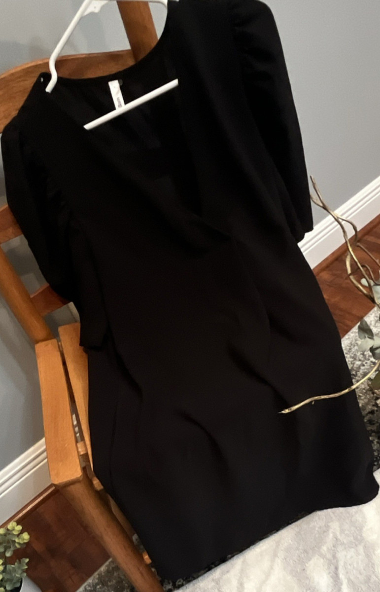black knee length shift dress Glam L V Neck Puff Sleeve Ruched Pullover Sleeveless dress