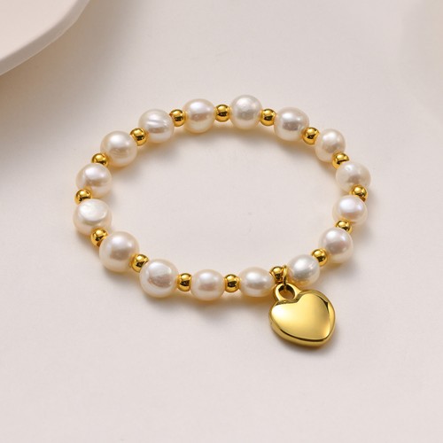 Pulsera de perlas de agua dulce en forma de corazón de acero inoxidable de 16,5 cm para mujer - Imagen 6 de 11