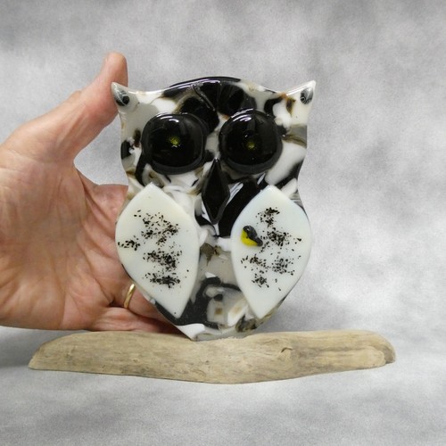 Cute Hootie Owl Fused Art Glass On Driftwood Base OOAK O'Dare