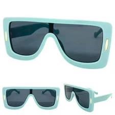 OVERSIZED Exaggerated Modern Retro Shield SUNGLASSES Large Big Pastel Teal Frame