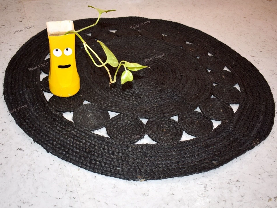 Rug Black Jute Circle Design Round Area Rug for Living Room, Hallway, Office - Image 3 of 4