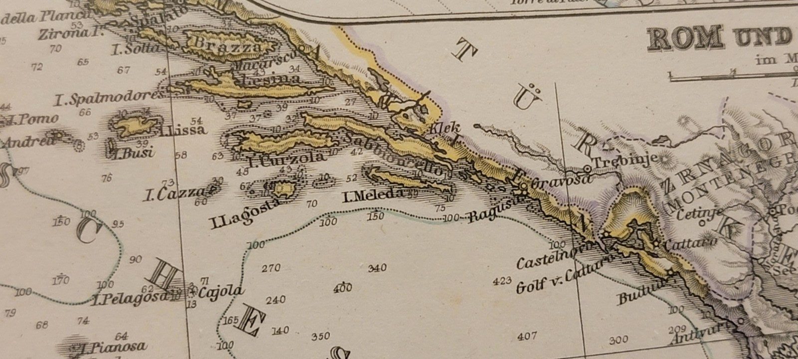 1876 map Italy / Italien Etna, Rome Turin Stieler's Petermann hand coloring