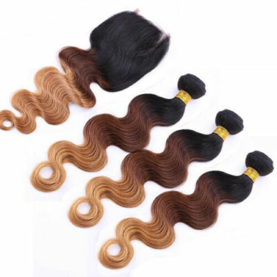 RUSSIAN VIRGIN 3TONES OMBRE ROOT HAIR 1B/4/27# 3/4/5BUNDLES+CLOSURE12A BODY WAVE
