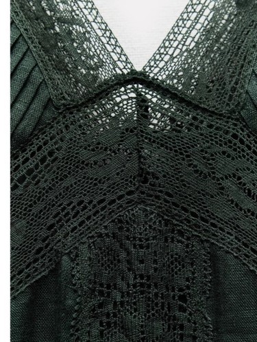 ZARA Summer in Dark Green French Lace Splicing V-Neck Linen Waist Dress Women - Picture 3 of 13