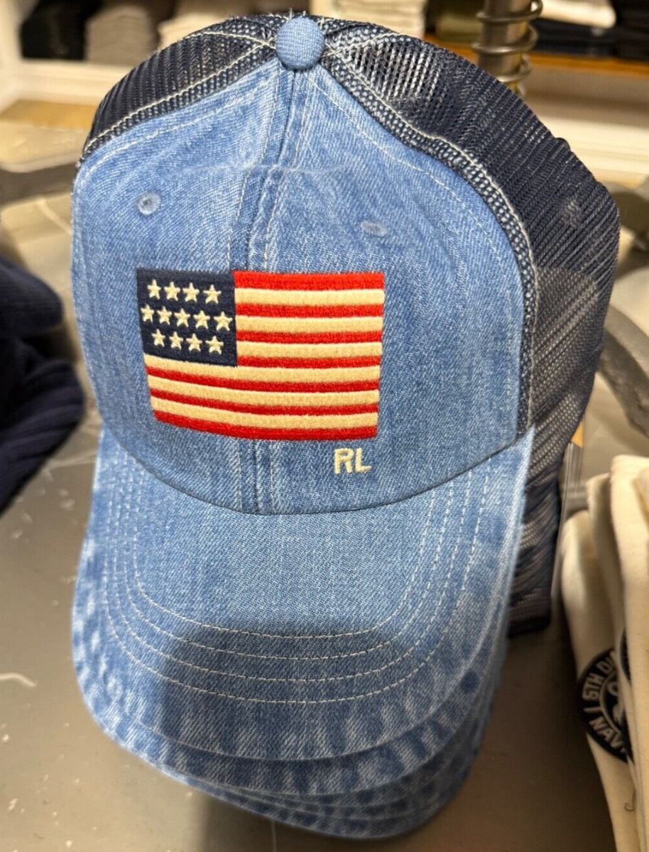 NWT Polo Ralph Lauren Denim AMERICAN FLAG Trucker Baseball Cap Hat