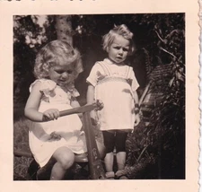 2 old original photos blonde maiden, girls girls with Hausser scooter