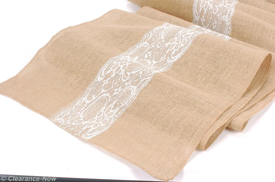 Burlap & Lace Table Runner 19"x120" XLong & Wide Wedding Party White Lace 9220 - Image 2 of 4