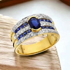 Blue Sapphire With 925 Sterling Silver Gold Plated Ring For Men's #AL373