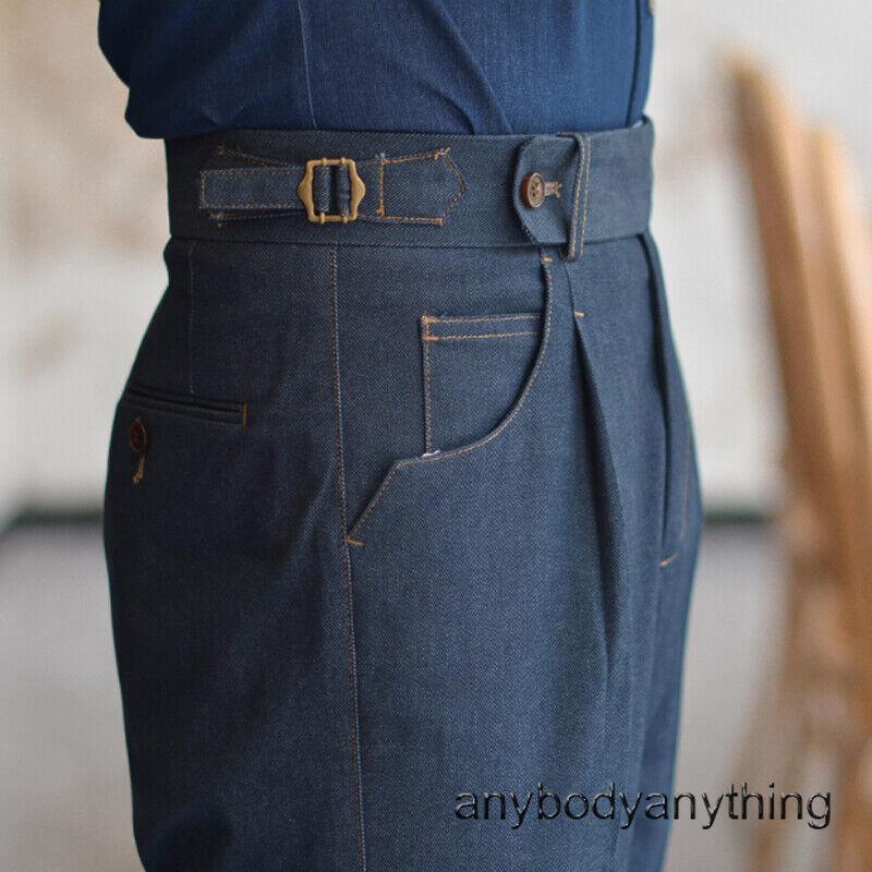 Retro Men's Gurkha British Denim Pants Casual High Waist Jeans