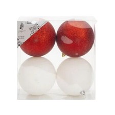 4 Pack 100mm Glitter Baubles Christmas Tree Decoration - Red / White