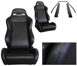 NEW 2 BLACK & GRAY CLOTH RACING SEATS RECLINABLE w/ SLIDERS FOR MAZDA 