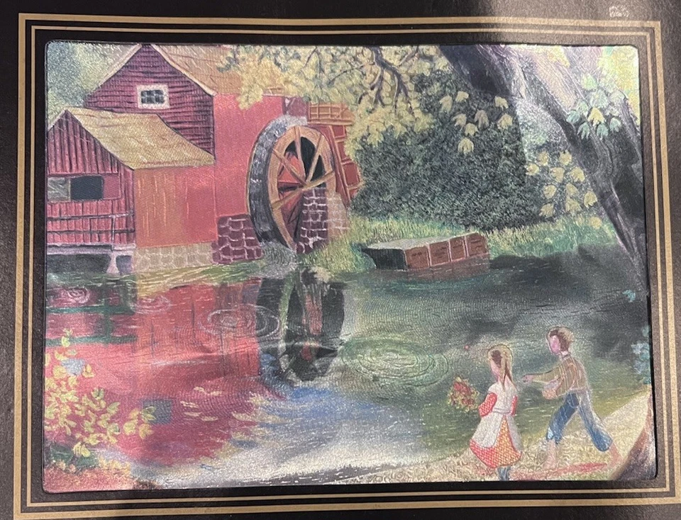 Vintage Iridescent Foil Picture Water Mill & Children Artwork Retro Wall Decor - Image 2 of 4