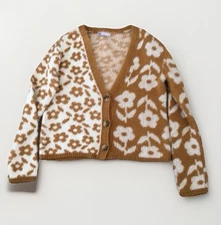 SO-Goods For Life-Woman’s Floral Cardigan Sweater-Gold & White-Retro-Long Slv.