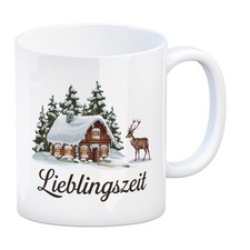 Holzhütte mit Rentier- Lieblingszeit Kaffeebecher