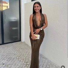 ZARA NEW WOMAN LONG FOIL HALTER DRESS TWISTED-STRAP BACK BRONZE Size L 8342/365