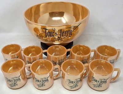 Fire King Tom & Jerry Peach Luster Christmas Punch Bowl Set w 9 Cups Vintage MCM