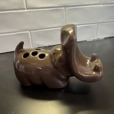 Vintage Brown Ceramic Hippo Soap Toothbrush pen card Holder Animal Bathroom