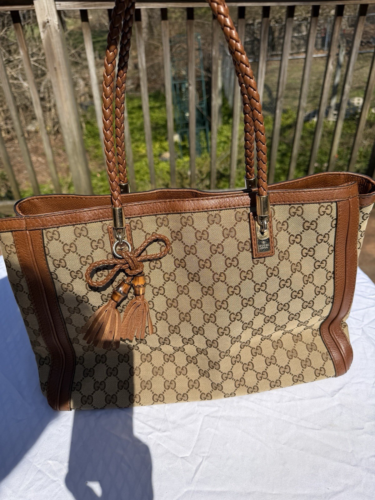 Gucci Medium Bella Tote W Brown And Tan GG Logo Canvas And Braided Leather Trim