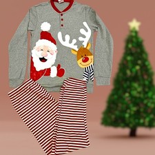 Kids Santa Reindeer Christmas Pajama Set   Festive Grey Top  Red Striped Pants