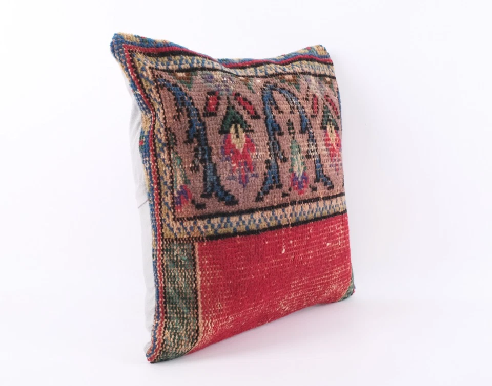 VINTAGE Turkish Kilim Pillow Cover 18x18 BOHO Wool Rug Cushion - Image 3 of 4