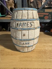 JAMES CANDY SALT WATER TAFFY BARREL BANK VNTG PAPER MACHE  7” ATLANTIC CITY USA