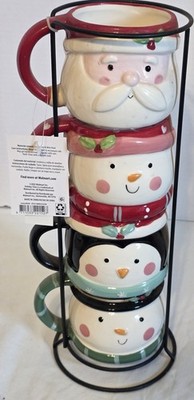 Holiday Time Santa Snowman Reindeer Mix Stackable Stoneware Mug with Rack (NEW)