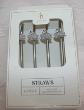 4 Stainless Steel Swan shaped charms Crystal Jeweled Tumbler Straws + Brush NIB