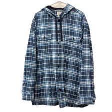 LL Bean Mens Blue Plaid Flannel Button Up Hoodie Shirt Jacket Shacket Size XL