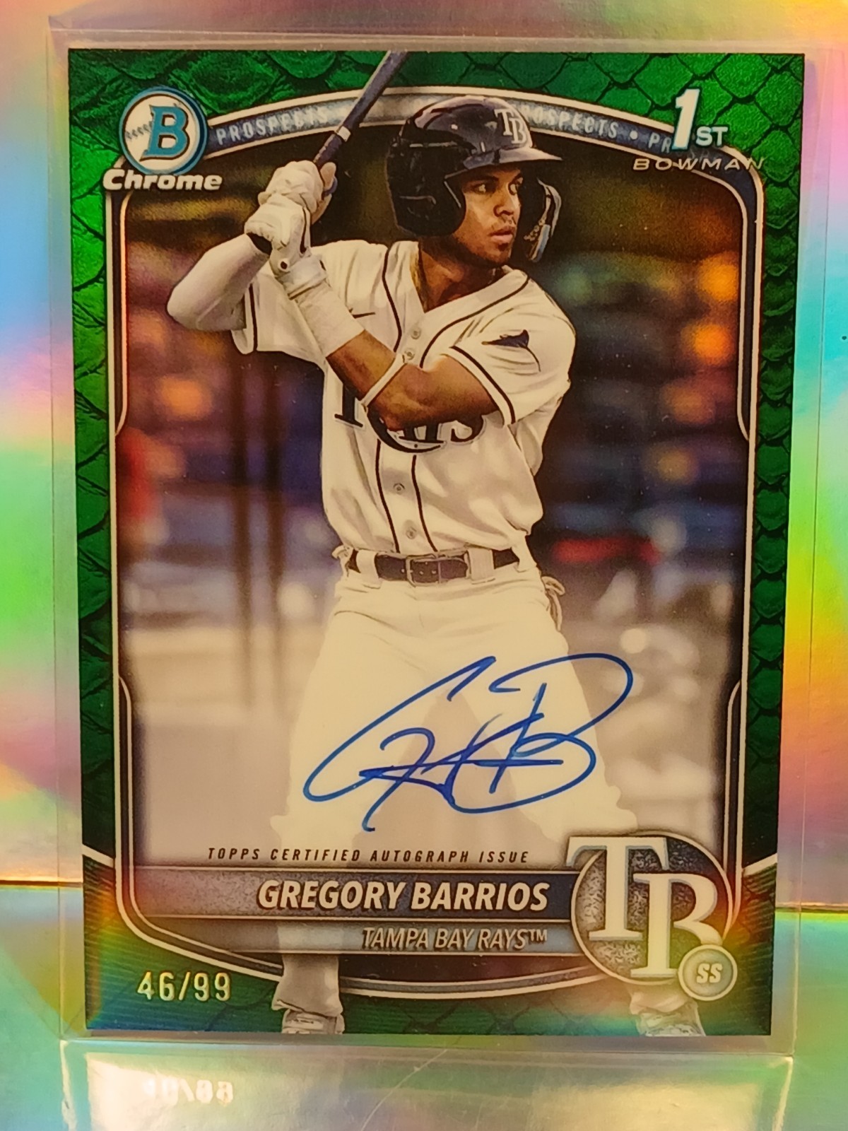 2025 Bowman Chrome 1st Gregory Barrios Green Reptilian Auto /99 Rays CPA-GB