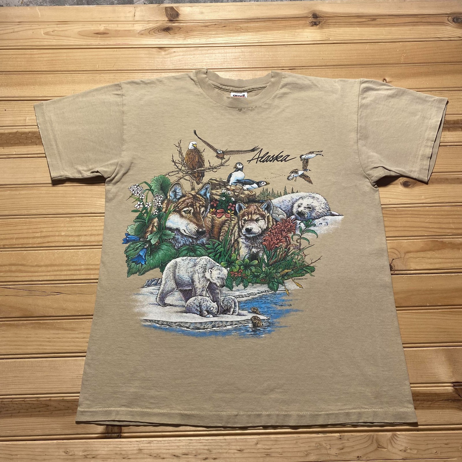 Vintage 90s Alaska Wildlife Animals Nature Outdoor Graphic T-Shirt USA - Large