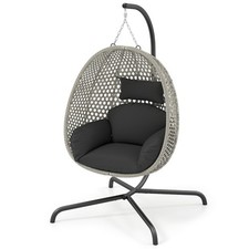 Hanging Egg Chair with Stand Cushion Foldable Wicker Basket Indoor Outdoor