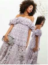ASOS EDITION Lilac Blouson Off The Shoulder Tiered Broderie Midi Dress 16 BNWT