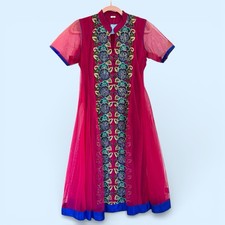 Magenta Embroidered Anarkali Gown Handmade Lined Tulle Outer Layer Indian Sz M