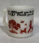 VTG Hazel Atlas Child's Prayer Mug Milk Glass, Red  “Thank you for the birds….”