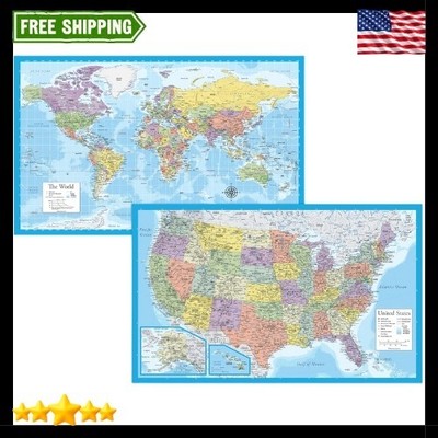 2 Pack - Laminated World Map & US Map Poster Set - Wall Chart Map of the World