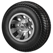 (4) Golf Cart 205/65-10 LSI Elite Tires on 10x7 Black/Machined Gunslinger Wheels