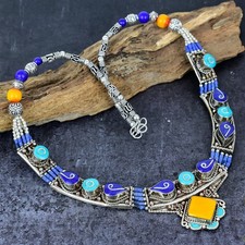 Collar de joyería nepalí de plata 925 hecho a mano con piedras preciosas turquesa lapislázuli