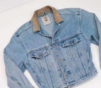 True VTG Big E Style 80s Denim Jacket M Leather Trim Banana Republic Safari Fade