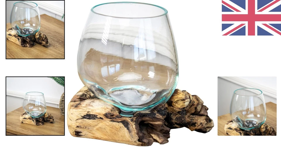 Nachhaltige Teakwurzel mit geschmolzener Glasschale - Atemberaubendes handwerkliches Dekor - 14x11cm - Bild 2 von 4