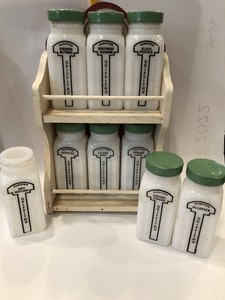 Vintage Griffith's Spice Jar Set In Holder Green Lids Used Milk White Rare-Read