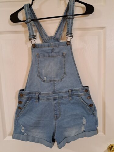 Encore Junior Blue Cotton Blend Light Wash Distressed Denim Overall Short Size 9